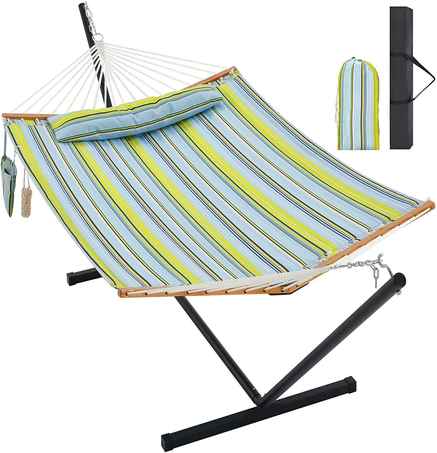 Two Person Outdoor Quilted Hammock with Wood Bar Portable Hammock Bed with Carry Bag