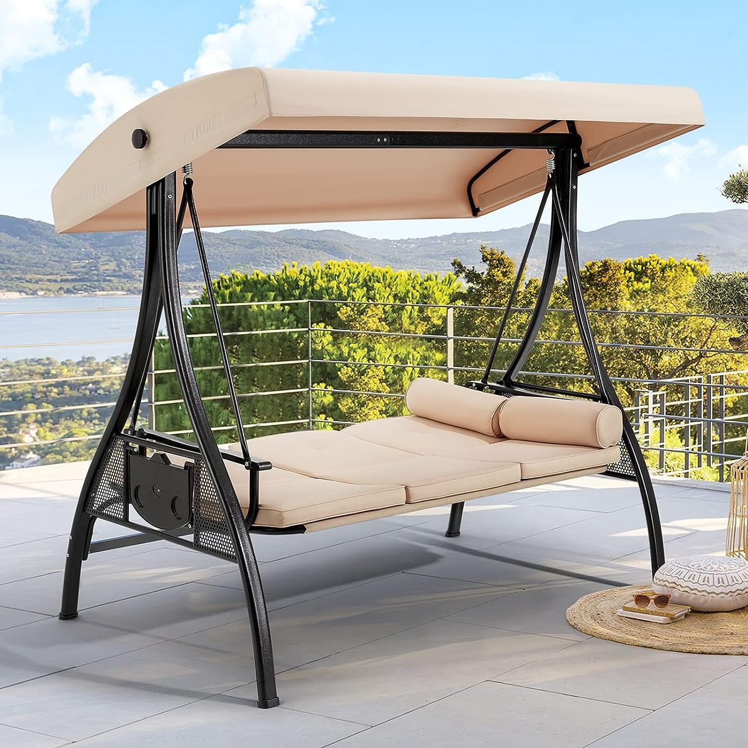 3-Seat Outdoor Porch Swing with Adjustable Canopy and Backrest Patio Swing with  Steel Frame for Balcony Garden Deck