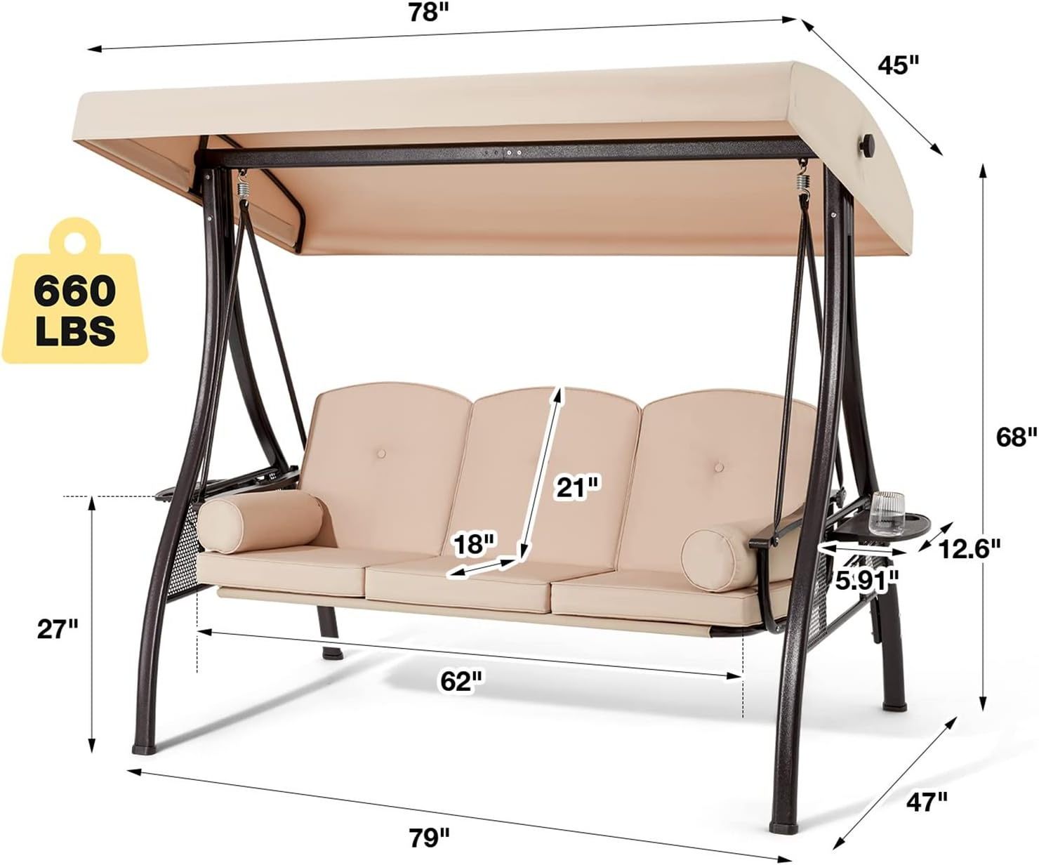 3-Seat Outdoor Porch Swing with Adjustable Canopy and Backrest Patio Swing with  Steel Frame for Balcony Garden Deck