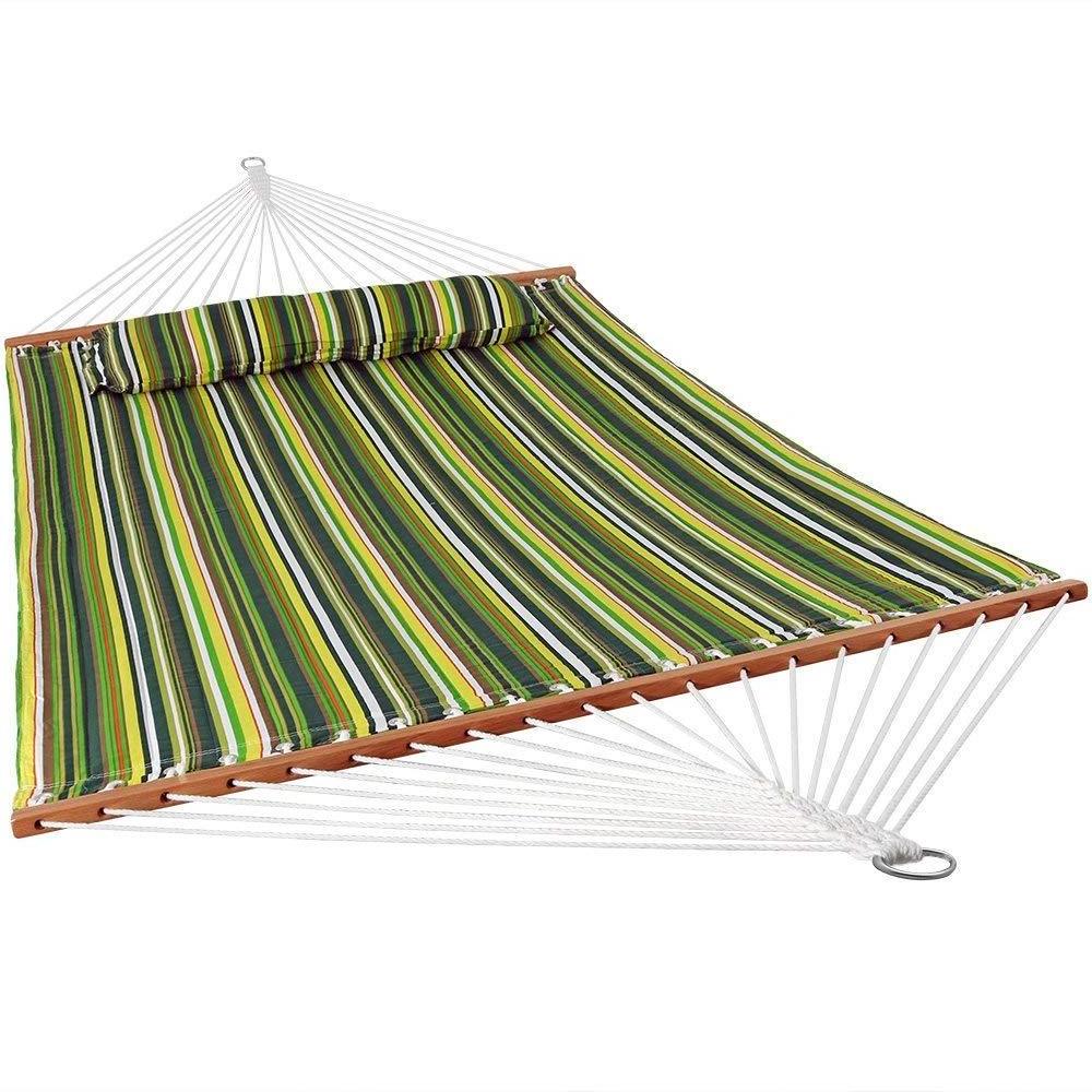 Danlong Hammocks Quilted Fabric Double Hammock with Detachable Curved Bamboo Spreader Bar and Soft Pillow Max 450 lbs Capacity