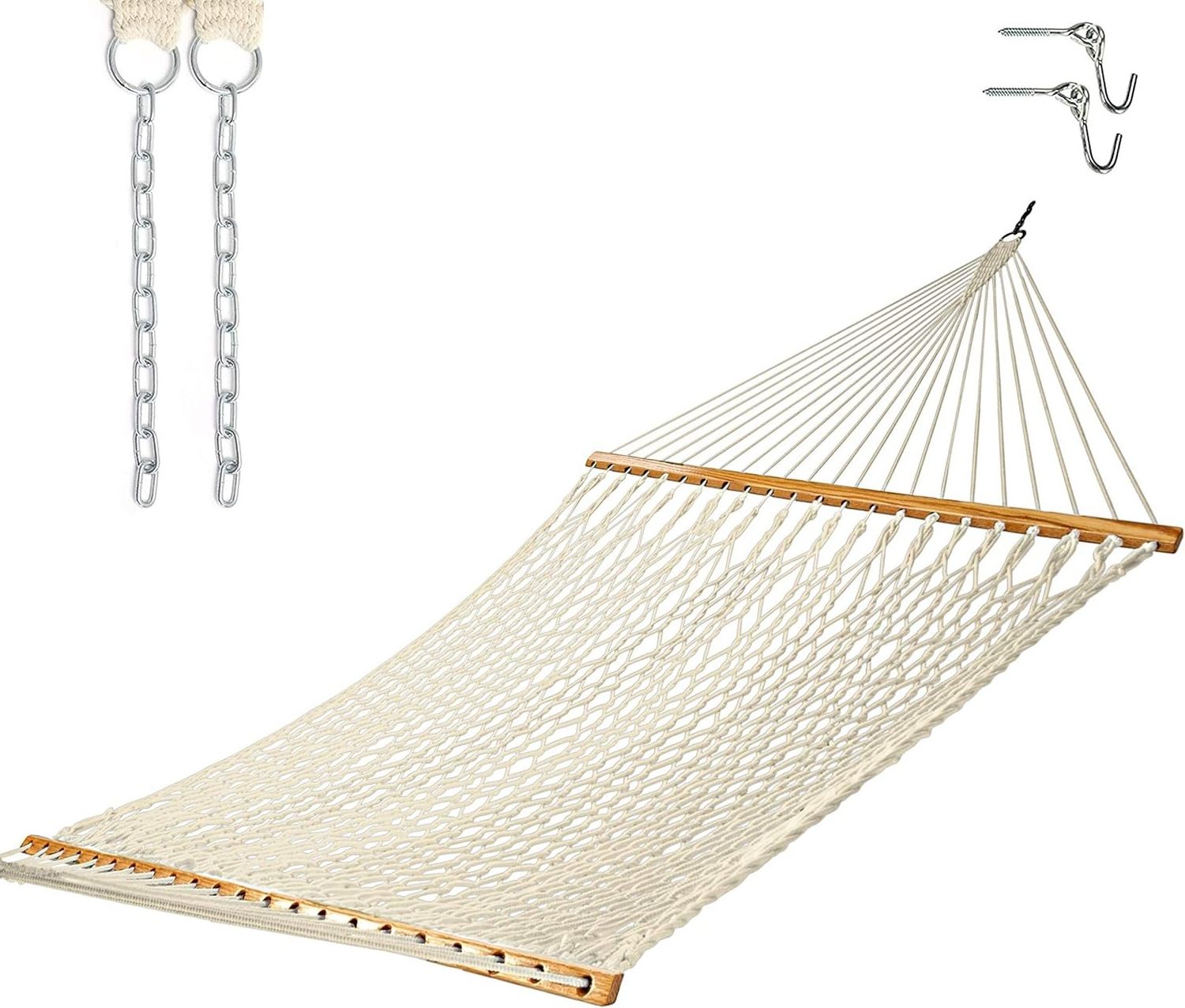 13 ft  Double Traditional Hand Woven Cotton Rope Hammock with Free Extension Chains  Tree Hooks  Accommodates Two People