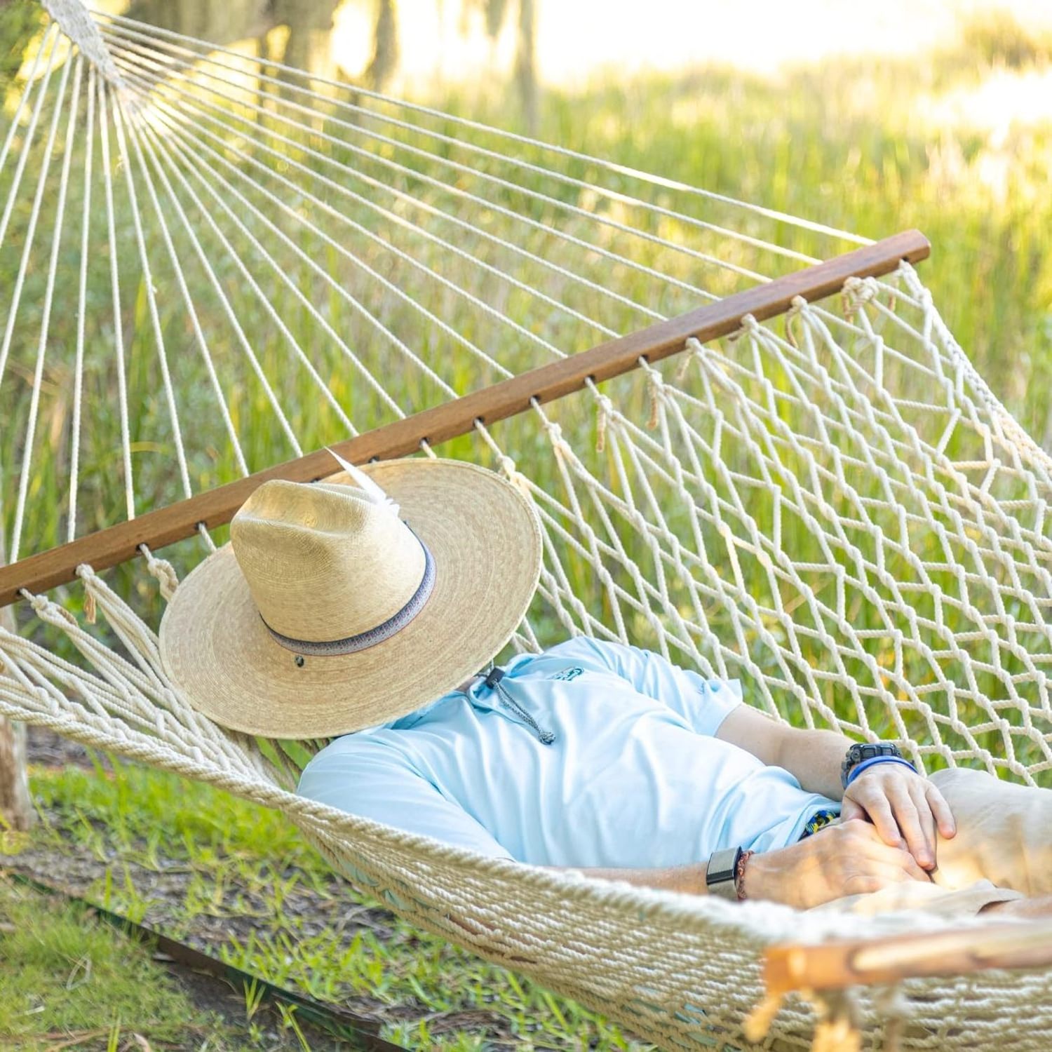 13 ft  Double Traditional Hand Woven Cotton Rope Hammock with Free Extension Chains  Tree Hooks  Accommodates Two People