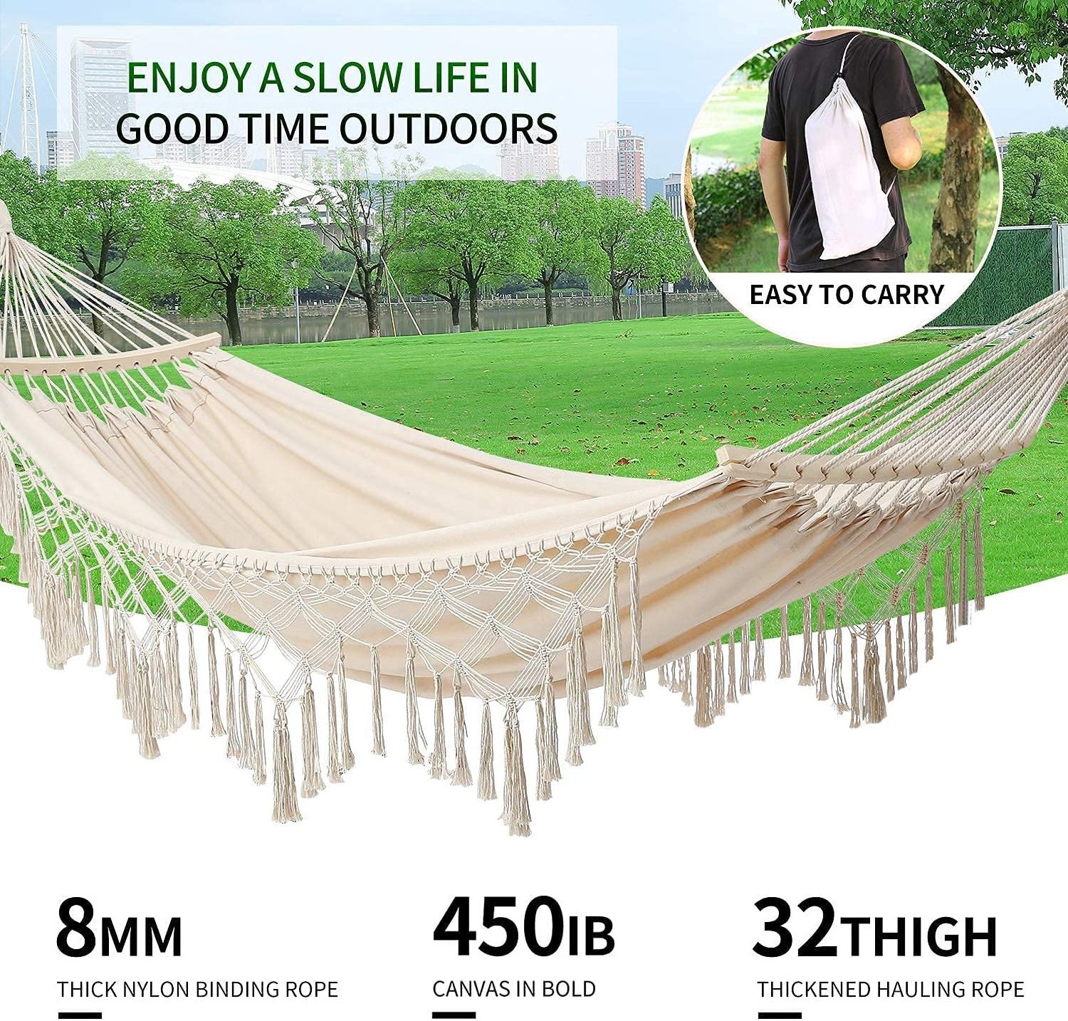 Fold up hammock for travelling portative Cotton stripe fabric hammock durable Portable