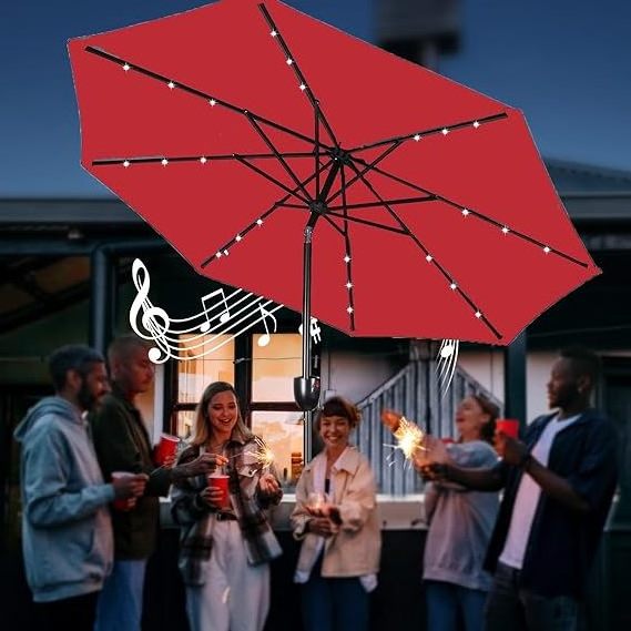 New Design 9 Feet Solar Powered LED Light Striped Patio Umbrella with Bluetooth Speaker