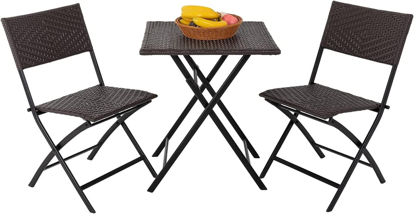 Outdoor Portable Rattan 3PCS Folding Metal Bistro Wicker Table and Chairs Set