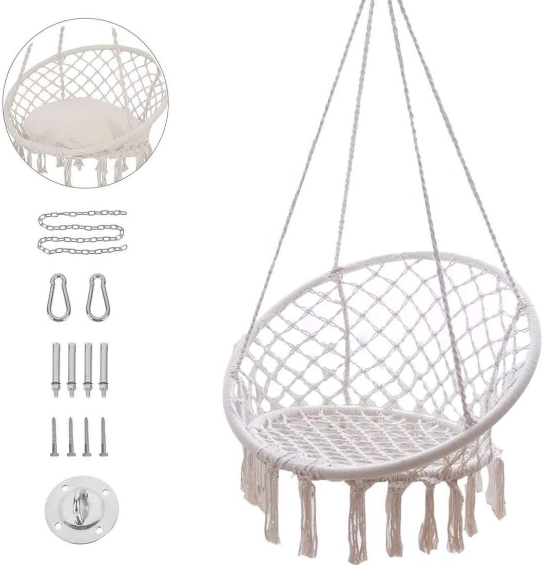 Hanging Cotton Rope Hammock Chair Macrame Swing with Hanging Hardware Kit and Cushion