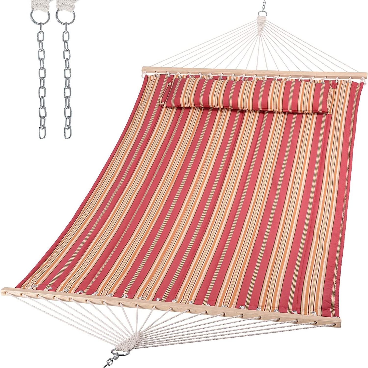 Outdoor leisure red strip quilted hammock with pillow and wood spread bar