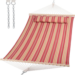 Outdoor leisure red strip quilted hammock with pillow and wood spread bar