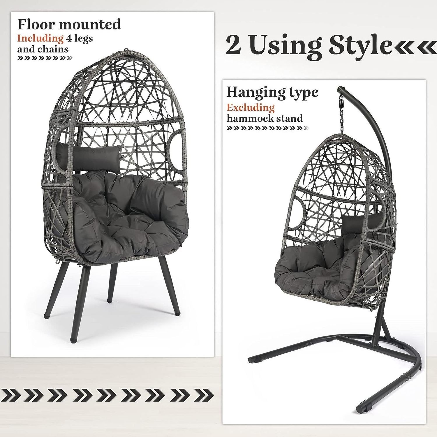 Danlong Standing Egg Chair Swing Pillow Black Hanging Chairs Single Patio Swings Balcony Ceiling Rocking Cushion