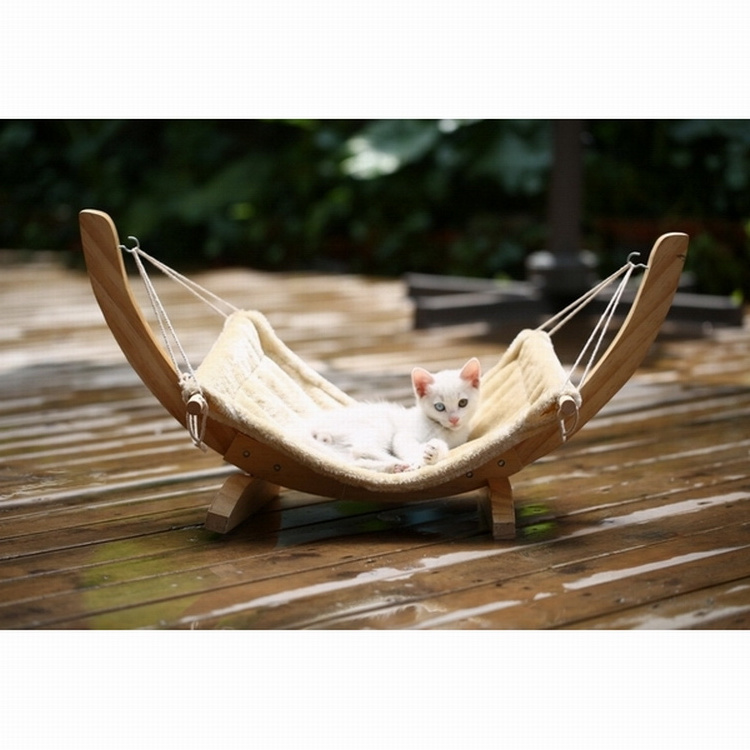 Wooden pet hammock swing with wood stand with soft comfortable cushion, cat hammock bed