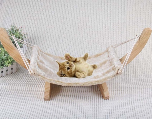 Wooden pet hammock swing with wood stand with soft comfortable cushion, cat hammock bed