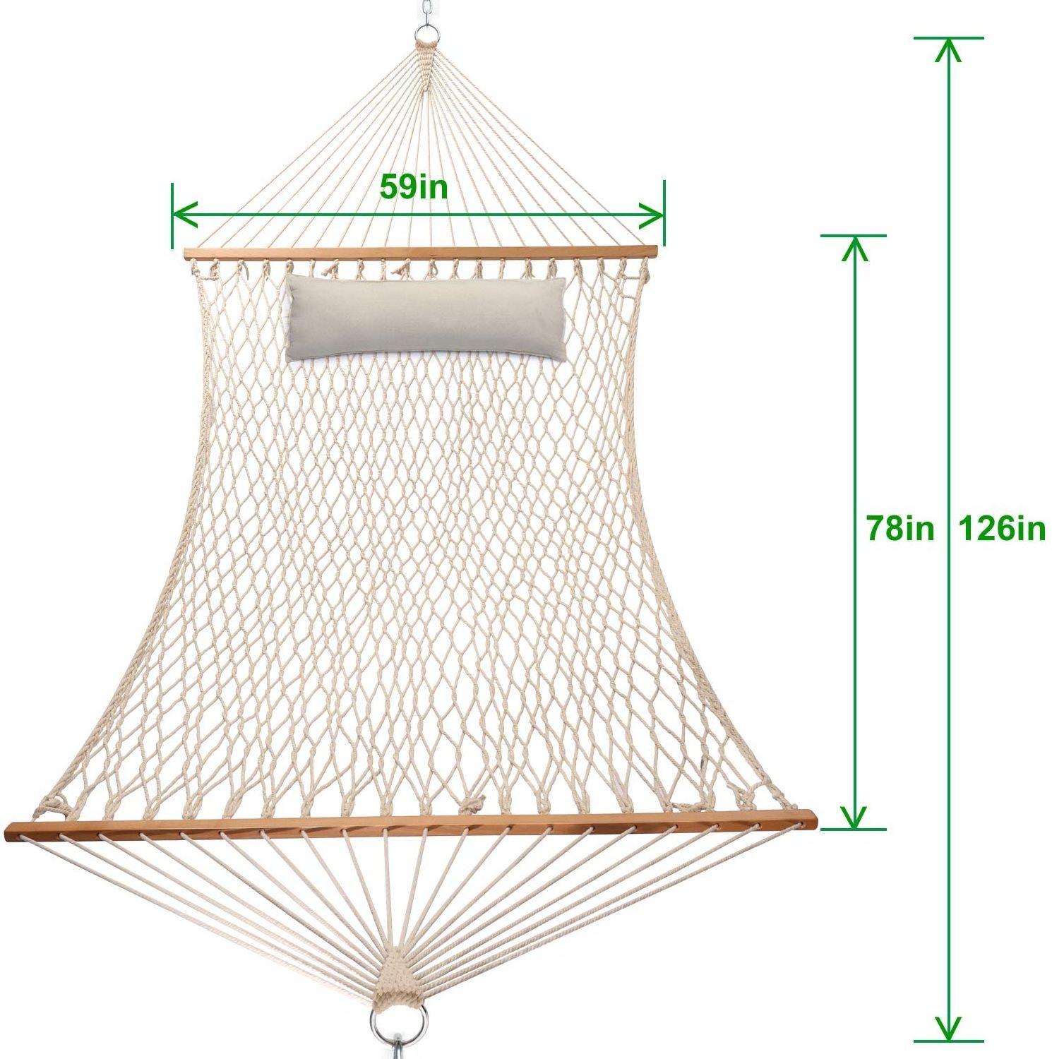 Traditional Solid Wood Double 2 Person 13ft Cotton Rope Hammock With Chains and Hooks and Pillows