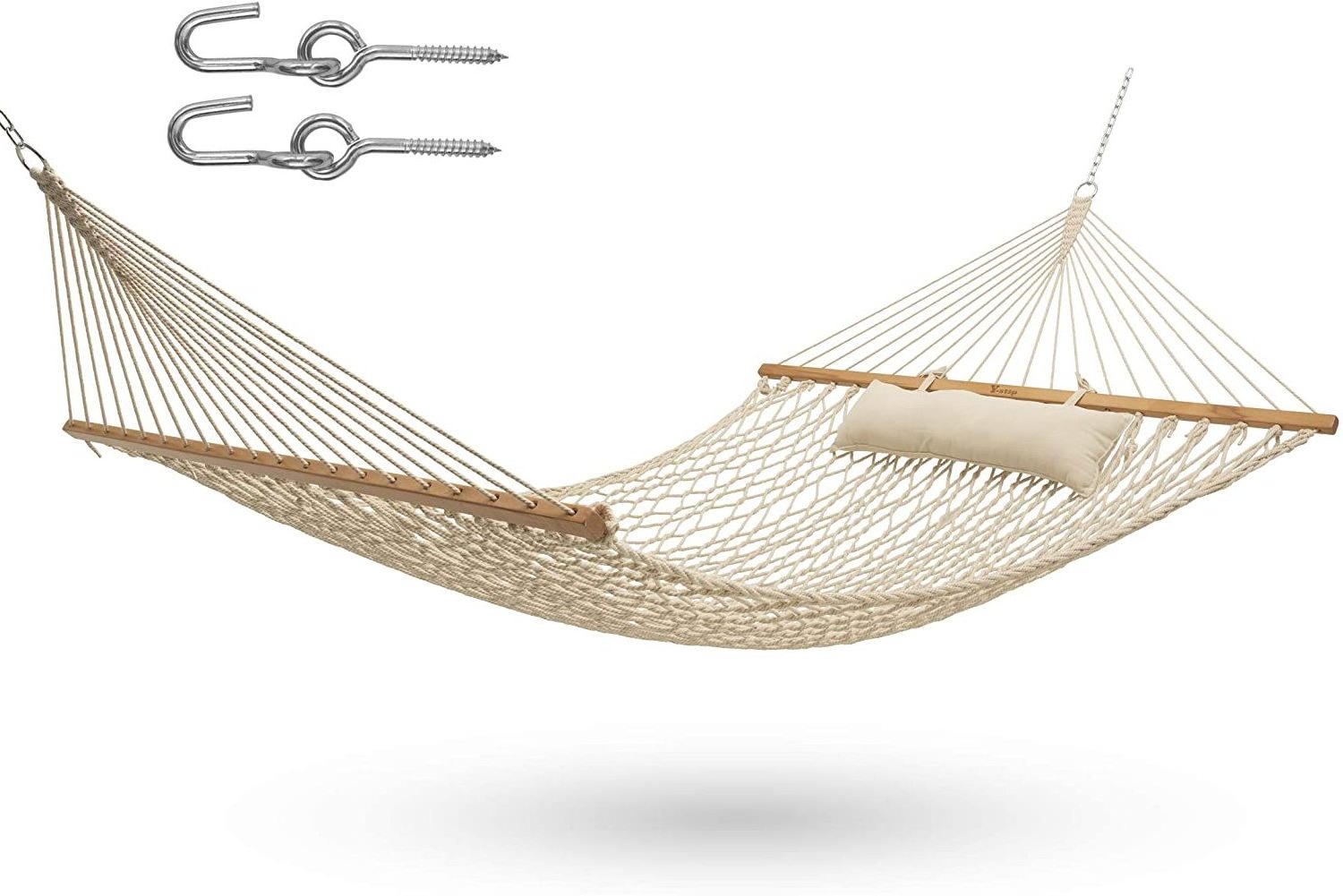 Traditional Solid Wood Double 2 Person 13ft Cotton Rope Hammock With Chains and Hooks and Pillows