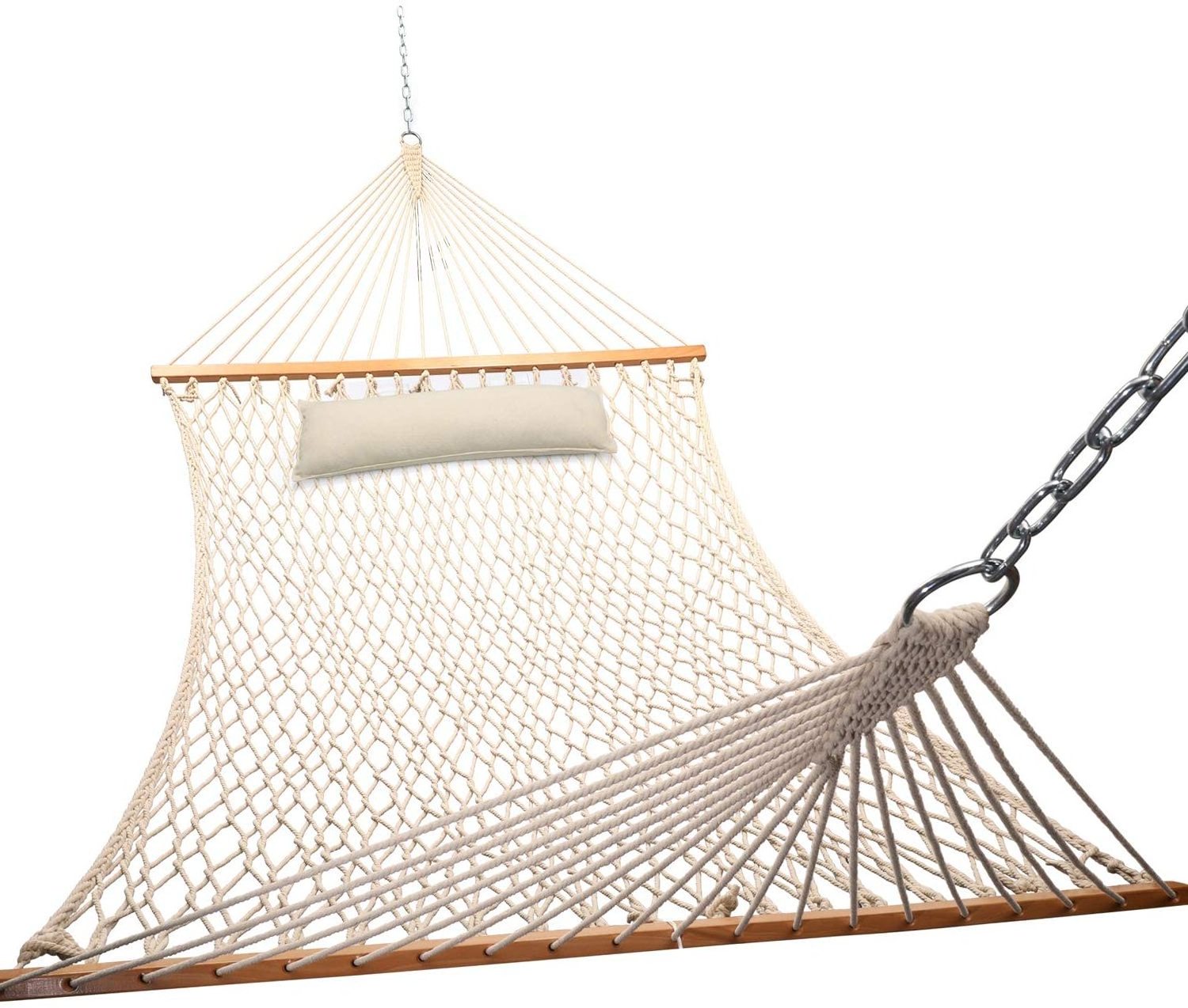 Traditional Solid Wood Double 2 Person 13ft Cotton Rope Hammock With Chains and Hooks and Pillows