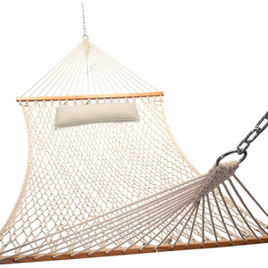 Traditional Solid Wood Double 2 Person 13ft Cotton Rope Hammock With Chains and Hooks and Pillows