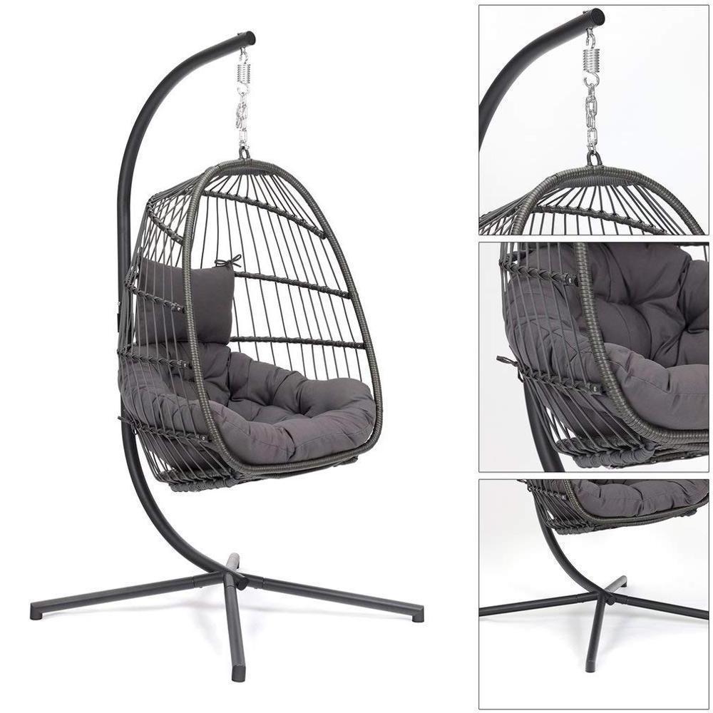 Outdoor Garden Wicker Hanging Egg Swing Basket Chair with Cushion and Stand