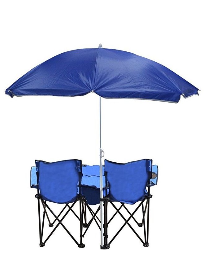 Double Chair w/ Umbrella Portable Folding Table Cooler Pinic Camping Beach Chair Blue