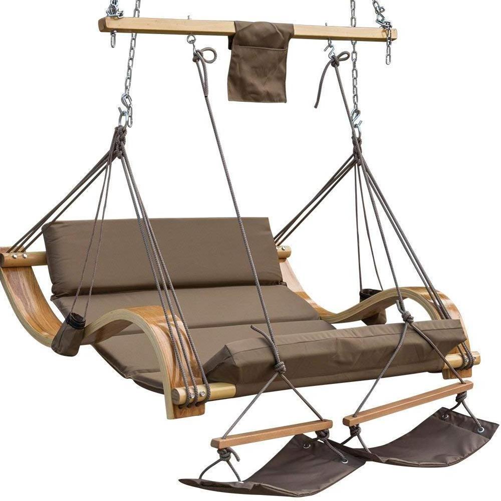 Deluxe Oversized Wood Arc Hammock Hanging Rope Chair Double Lounge Swing Chair with Cup Holder Footrest