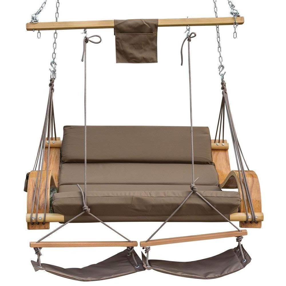 Deluxe Oversized Wood Arc Hammock Hanging Rope Chair Double Lounge Swing Chair with Cup Holder Footrest