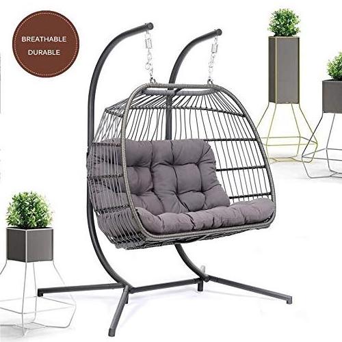 2 Person Wicker Swing Chair Hanging Hammock Loveseat Chair Double Seater with Cushion & Stand