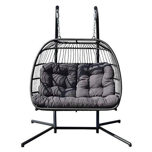 2 Person Wicker Swing Chair Hanging Hammock Loveseat Chair Double Seater with Cushion & Stand