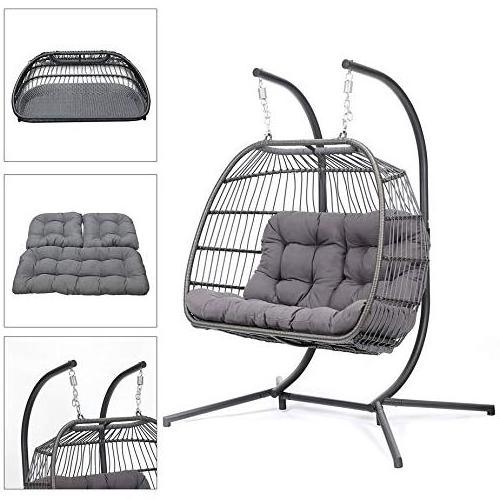 2 Person Wicker Swing Chair Hanging Hammock Loveseat Chair Double Seater with Cushion & Stand