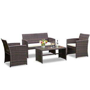 4-Piece Outdoor Rattan Furniture Set Garden Lawn Pool Backyard Sofa Patio Wicker Conversation Set with Weather Resistant Cushion