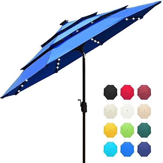 10FT Round Patio 3 Tiers Market Umbrella with LED Lights  Outdoor Table Umbrella With Ventilation