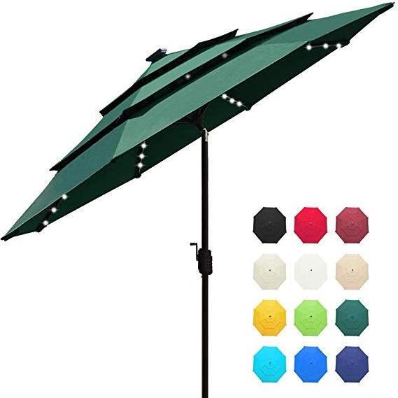 10FT Round Patio 3 Tiers Market Umbrella with LED Lights  Outdoor Table Umbrella With Ventilation