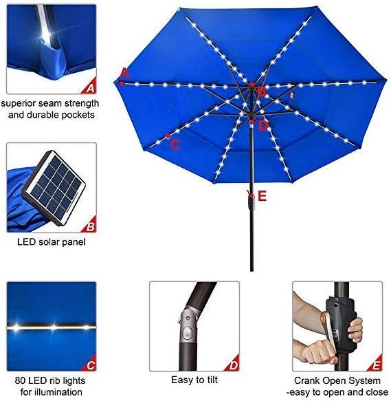 10FT Round Patio 3 Tiers Market Umbrella with LED Lights  Outdoor Table Umbrella With Ventilation