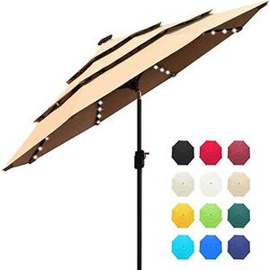 10FT Round Patio 3 Tiers Market Umbrella with LED Lights  Outdoor Table Umbrella With Ventilation