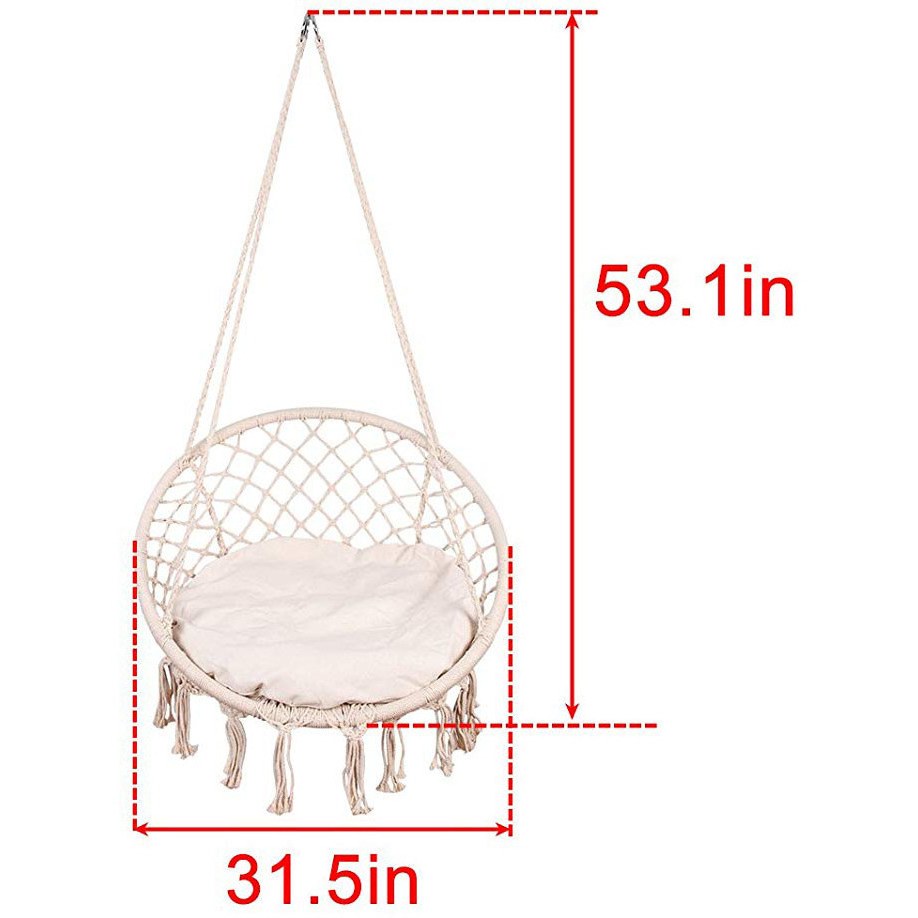 White Hanging Cotton Rope Macrame Hammock Swing Chair with Hanging Kits for Indoor Patio Porch Garden Reading Leisure Lounging