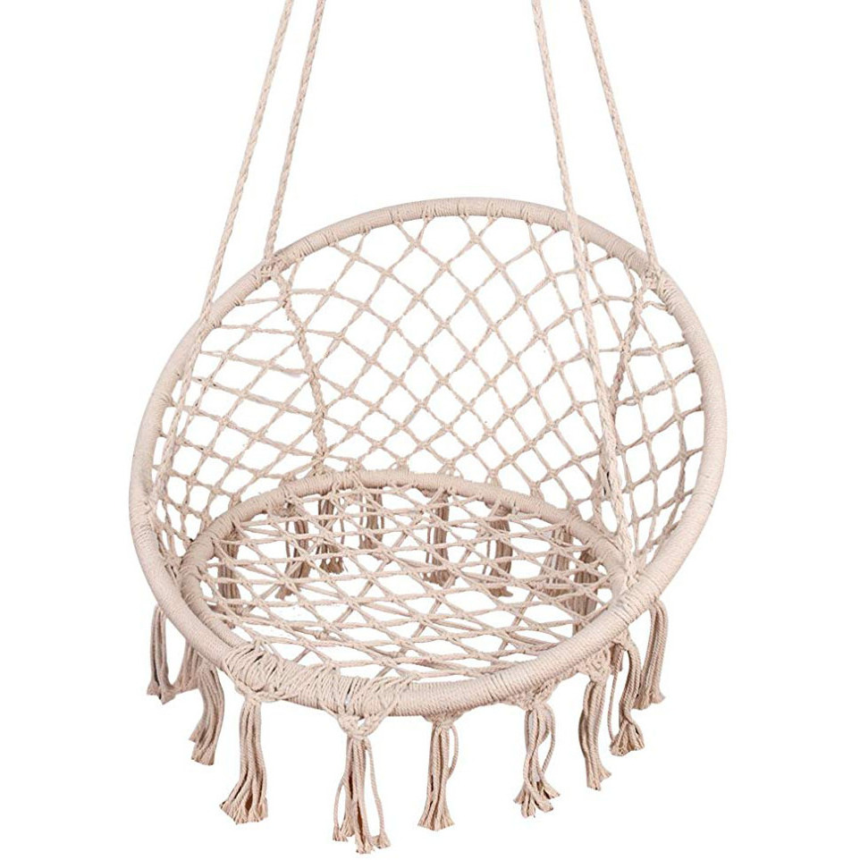 White Hanging Cotton Rope Macrame Hammock Swing Chair with Hanging Kits for Indoor Patio Porch Garden Reading Leisure Lounging