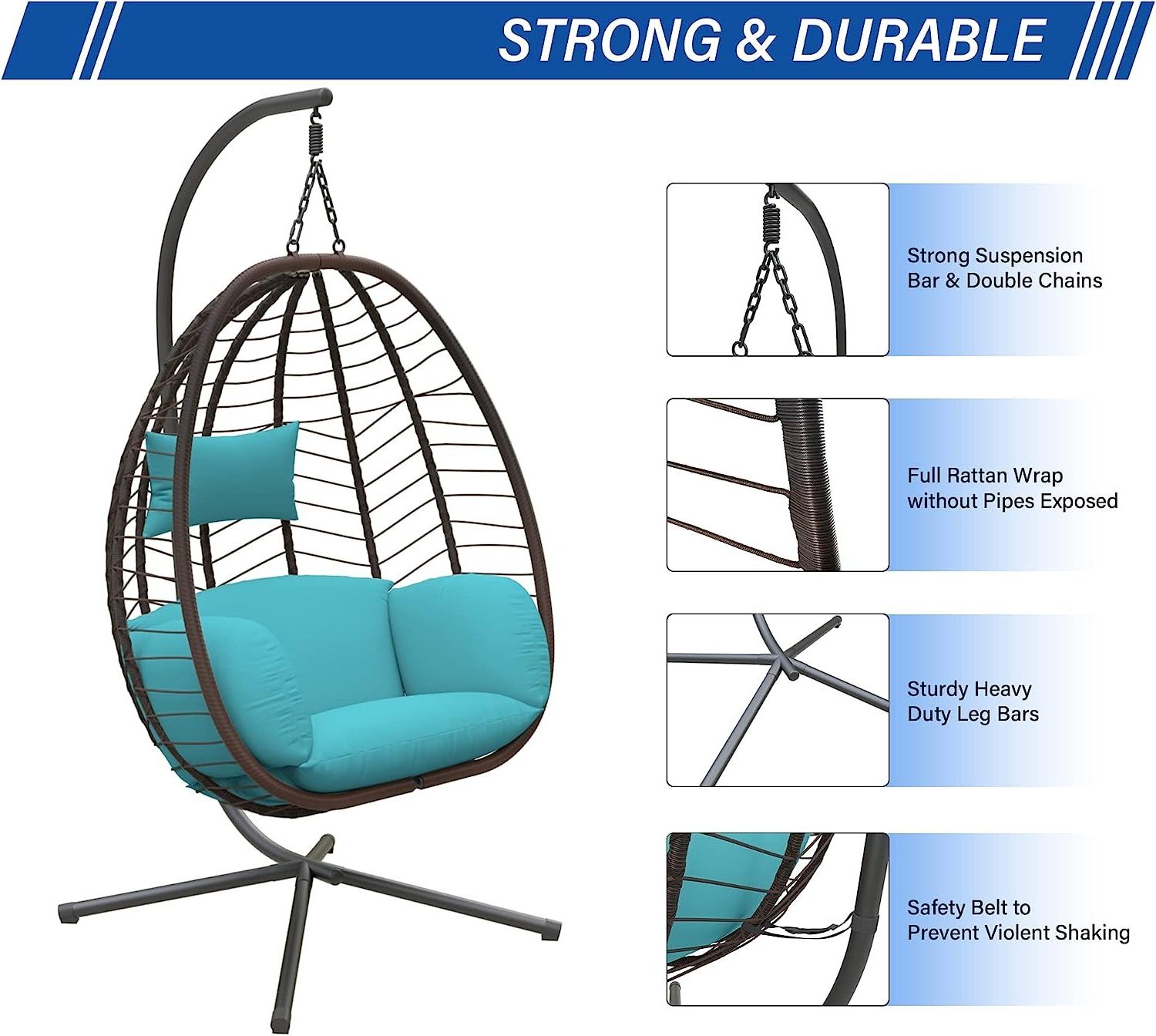 Outdoor Furniture Patio Swings Hanging Egg Swing Cocoons Chair with Metal Stand Indoor Wicker Rattan Garden Hanging Chair