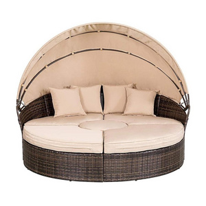 Patio Furniture Lawn Poolside Outdoor Wicker Rattan Round Daybed Garden Rattan Daybed Lounger With Retractable Canopy