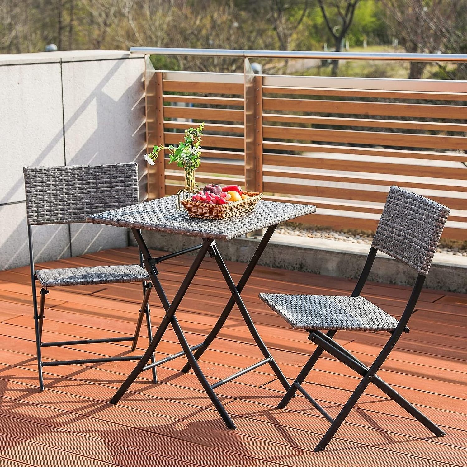 Outdoor Portable Rattan 3PCS Folding Metal Bistro Wicker Table and Chairs Set