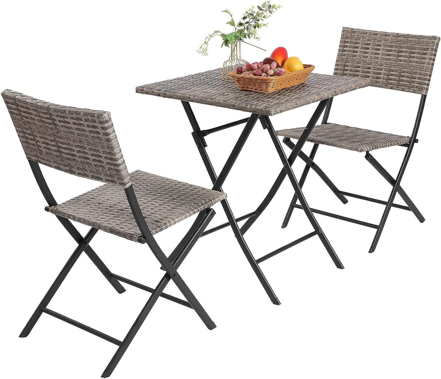 Outdoor Portable Rattan 3PCS Folding Metal Bistro Wicker Table and Chairs Set