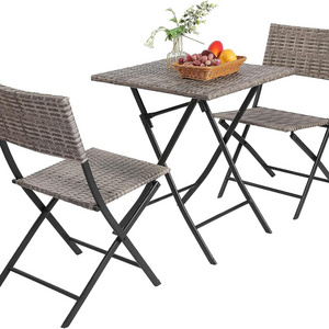 Outdoor Portable Rattan 3PCS Folding Metal Bistro Wicker Table and Chairs Set