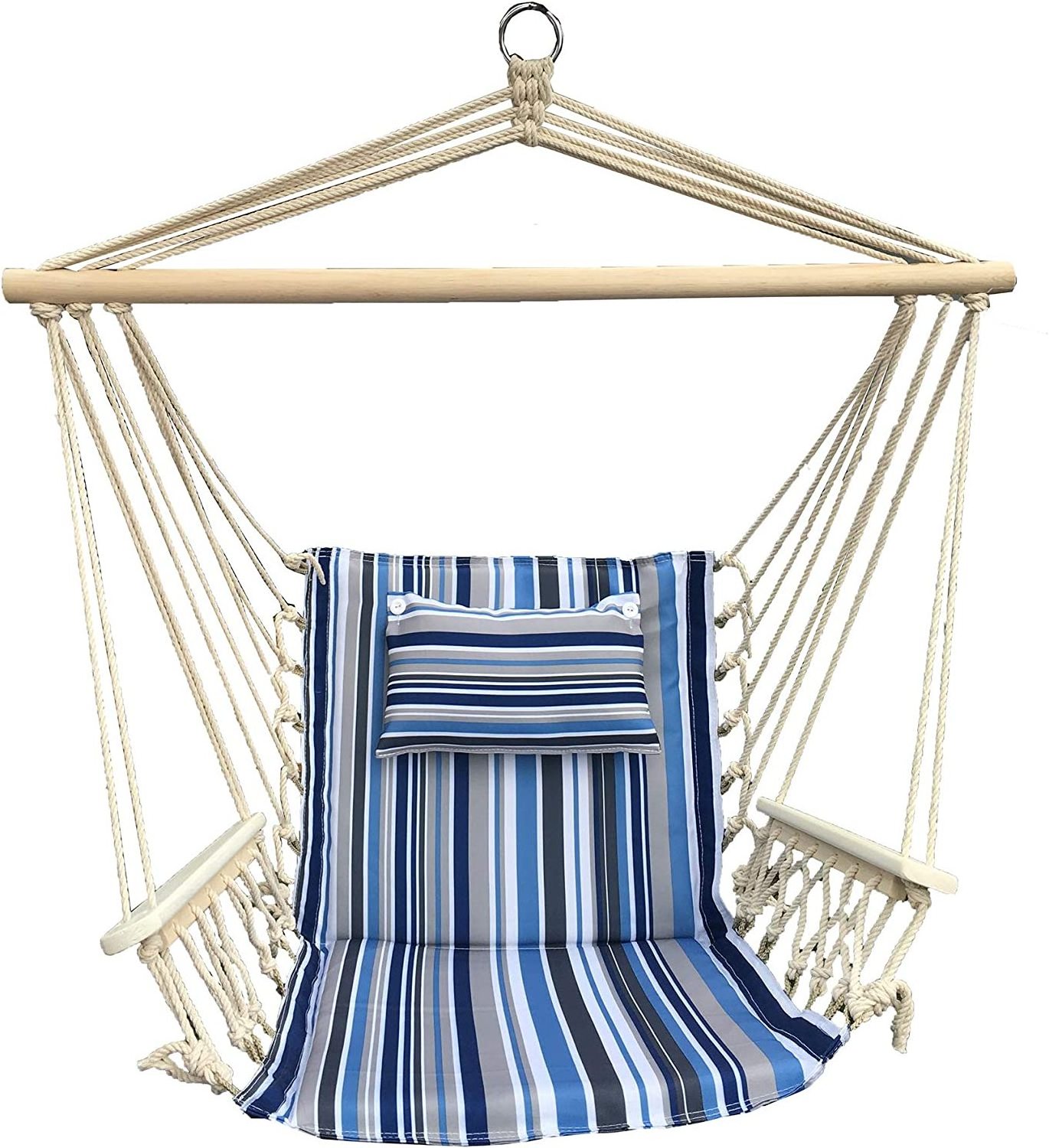 Hanging Rope Hammock Chair Hanging Single Seat Swing Chair with Wooden Armrest