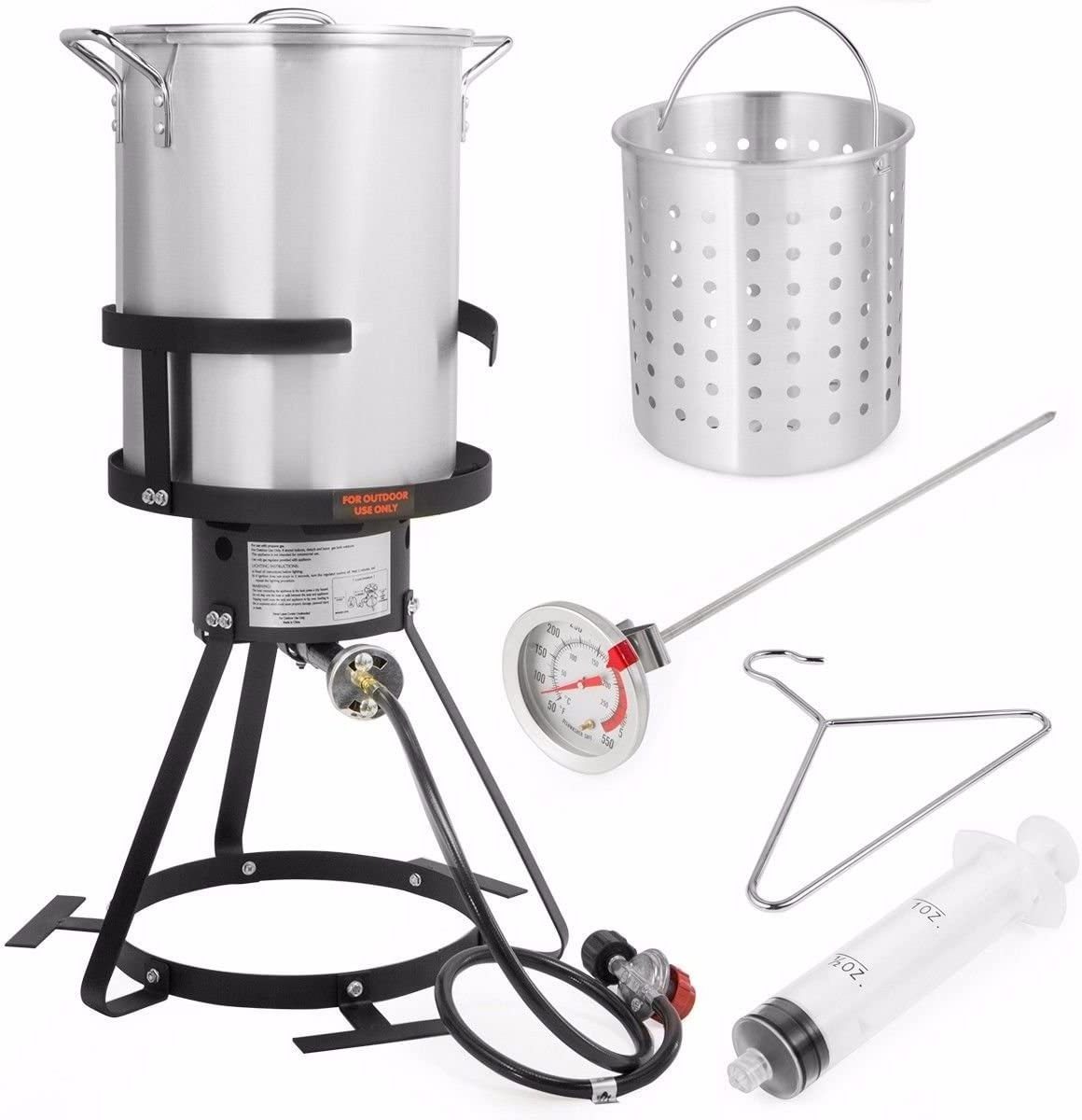 30 Qt Turkey Deep Fryer Set Aluminum Fish Seafood Boiler Steamer with 55,000 BTU Propane Gas Burner Stand