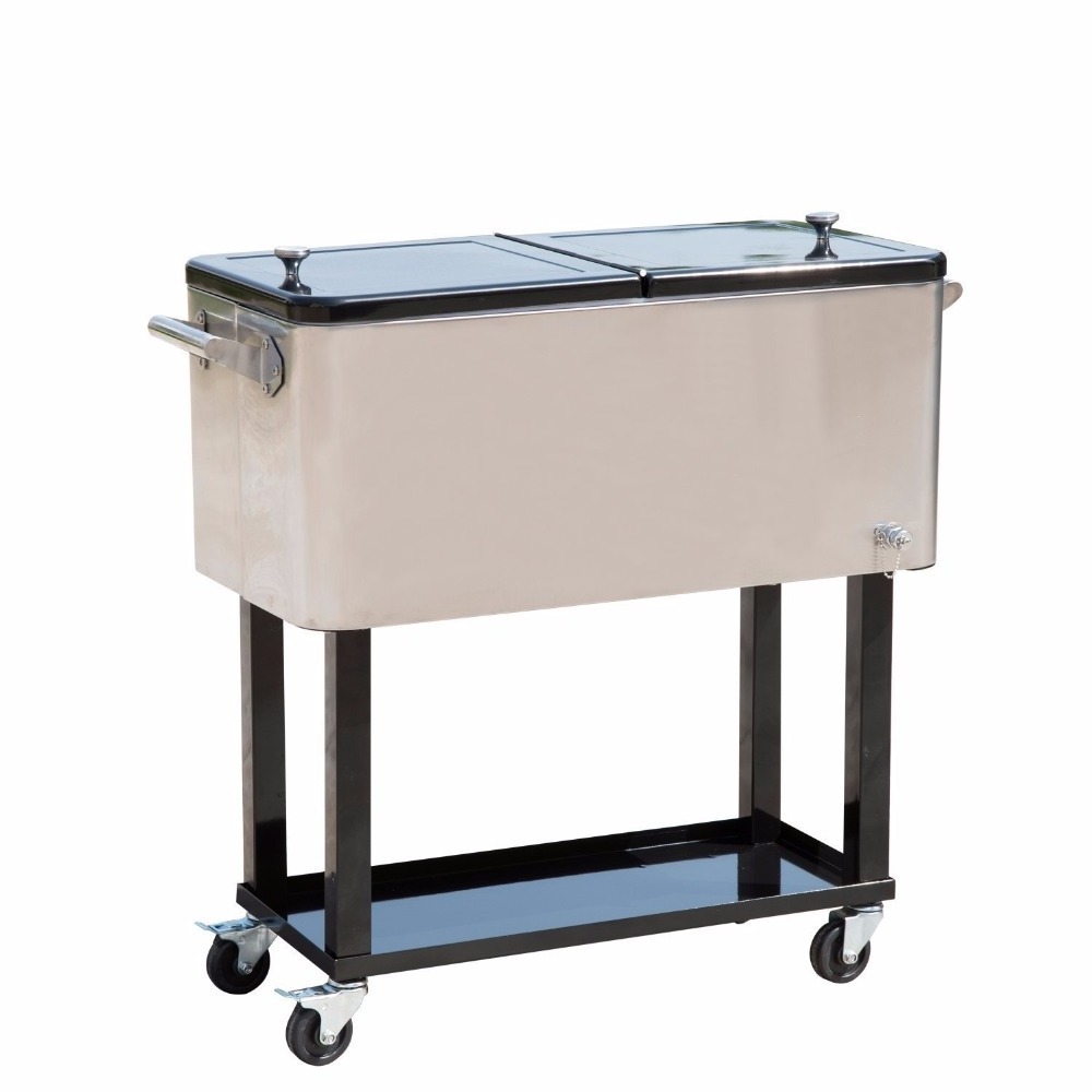 80 Qt Outdoor Patio Cooler Table with Wheels, Stainless Steel Rolling Cooler With Shelf