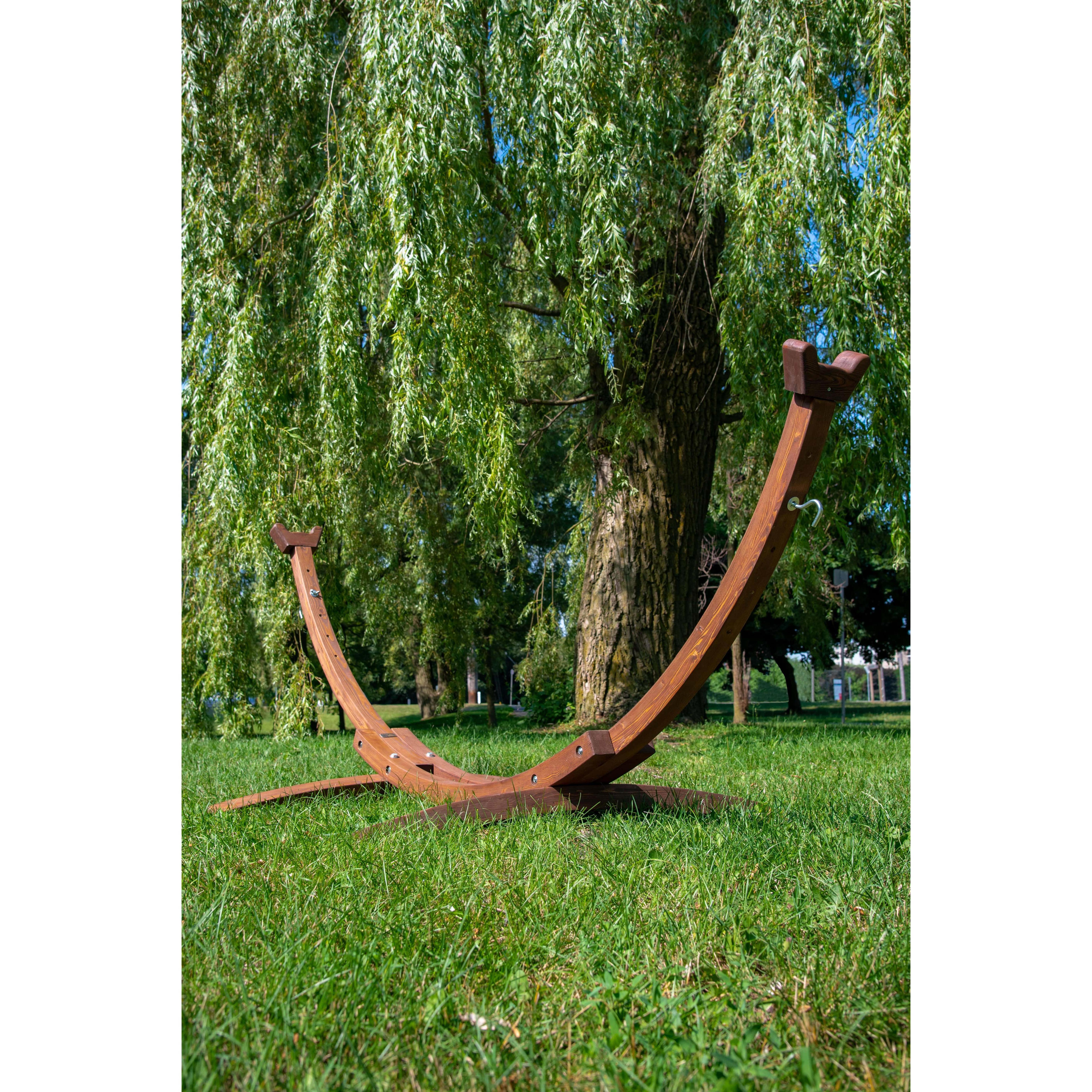 High Quality Comfortable Portable Curved Wood Garden Yard Pine Stand Indoor outdoor Wooden hammock Stand