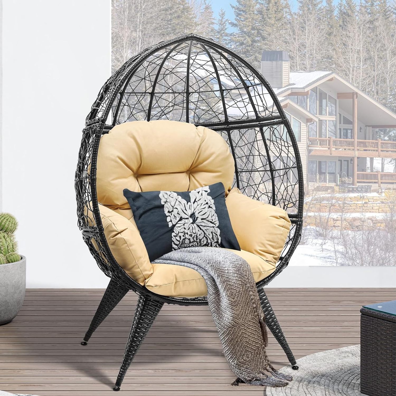 Outdoor Indoor  Wicker Egg Chair Oversized Large Lounger with Stand Cushion Egg Basket Chair