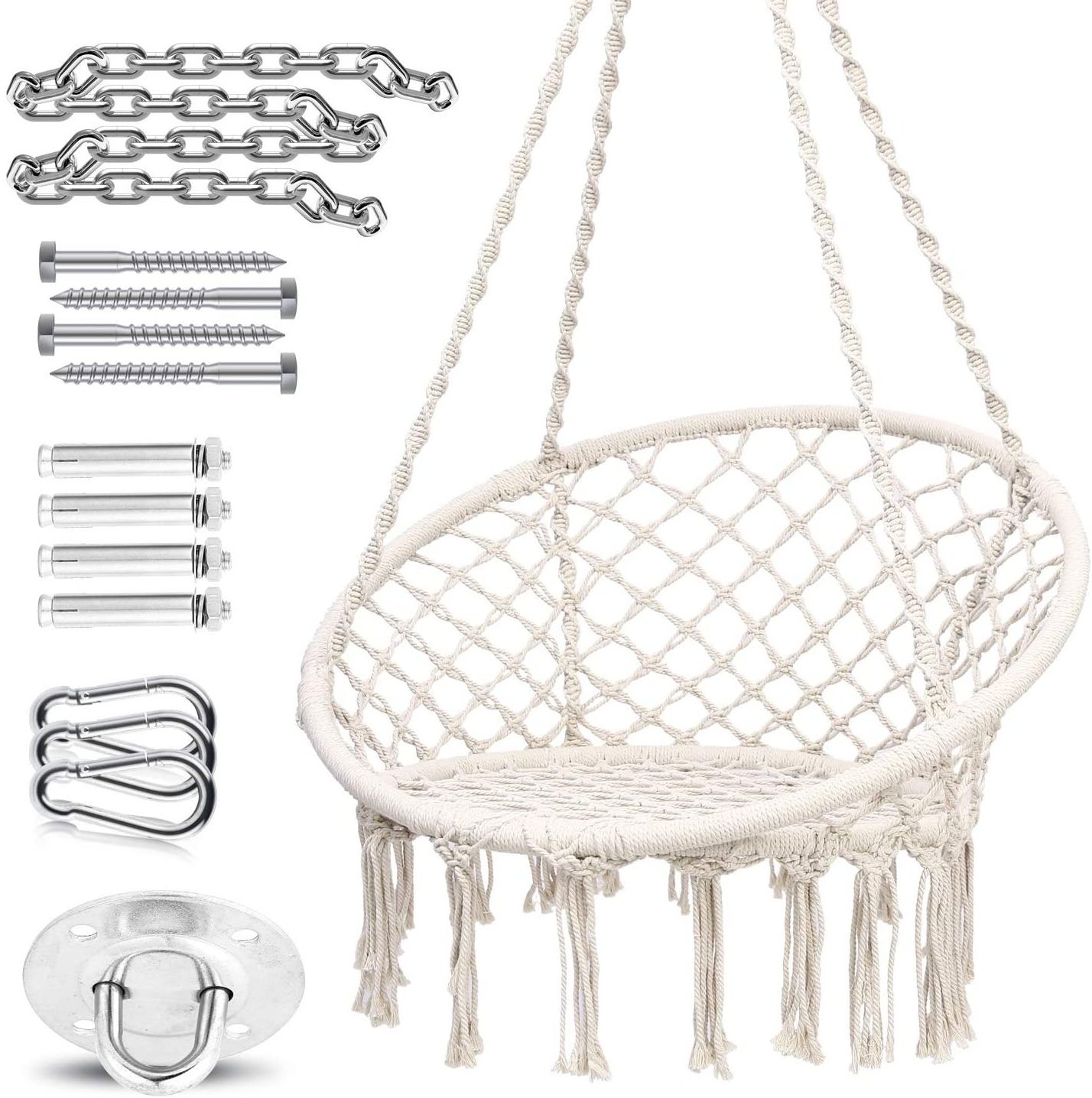 Hanging Cotton Rope Hammock Chair Macrame Swing with Hanging Hardware Kit and Cushion