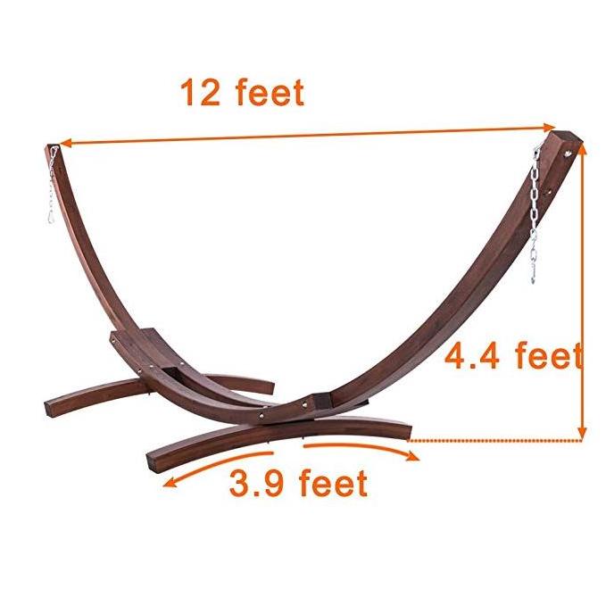 14' Wooden Arc Hammock Stand With Double Wide Bed w/Matching Pillow, Smooth Wood Water Treated Stain Finish