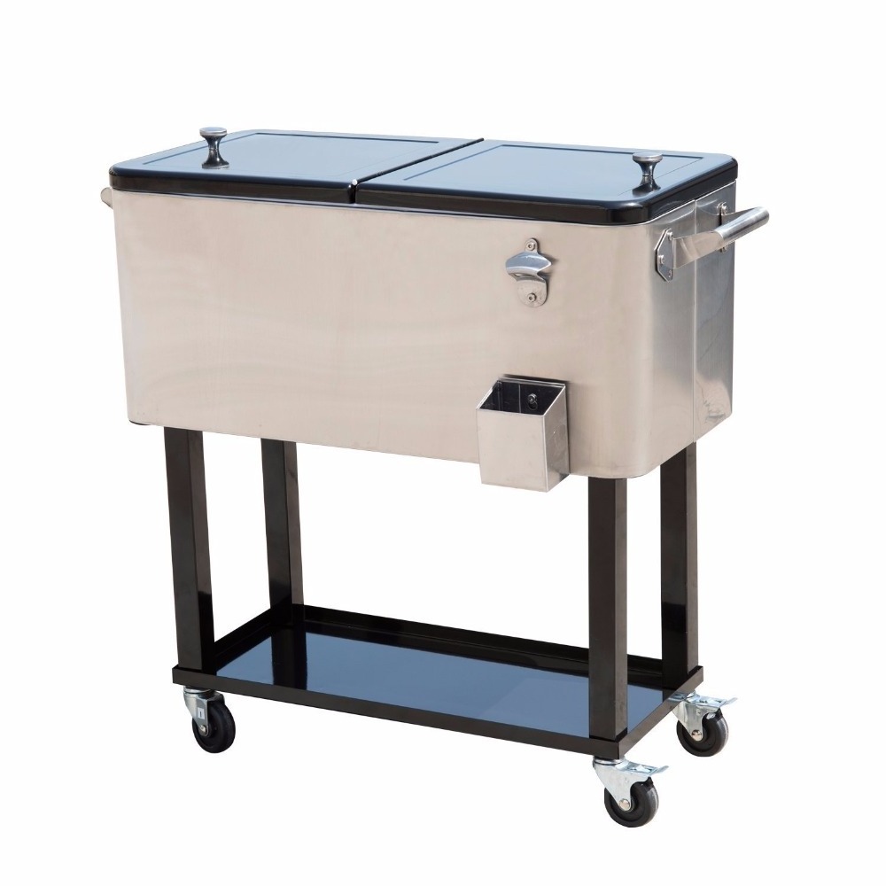 80 Qt Outdoor Patio Cooler Table with Wheels, Stainless Steel Rolling Cooler With Shelf