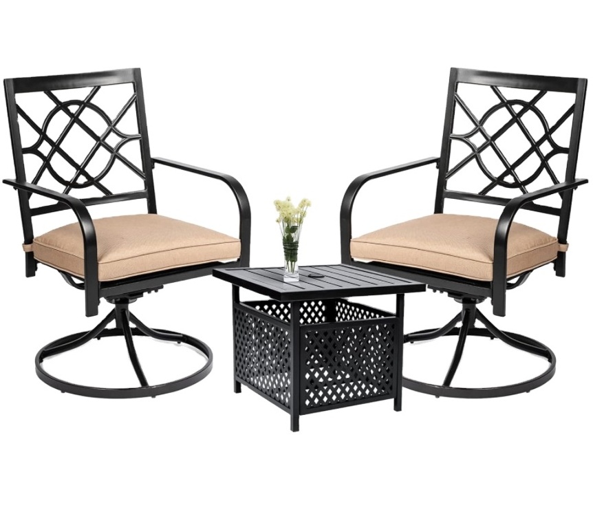 3 Pieces Outdoor Dining Swivel Chairs Set Metal Frame Patio Bistro Chairs with Side Table