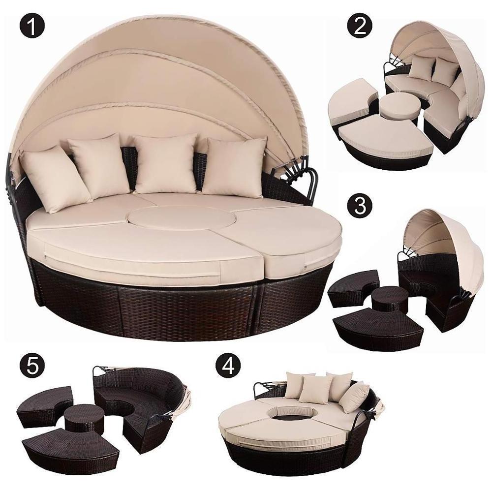 Patio Furniture Lawn Poolside Outdoor Wicker Rattan Round Daybed Garden Rattan Daybed Lounger With Retractable Canopy