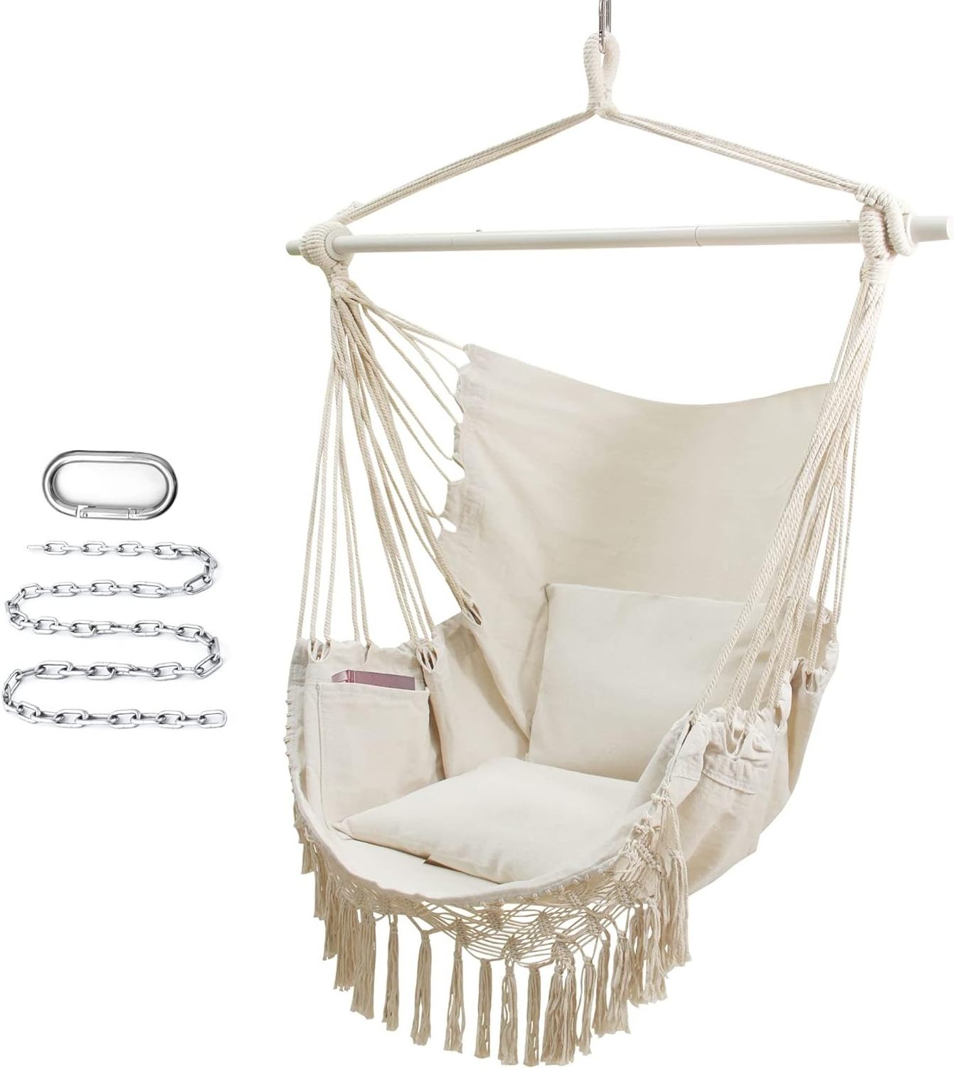 Danlong Portable Outdoor Fine Cotton Weave Hammock Chair Hanging Rope Ceiling Swing Chair with Metal Bar