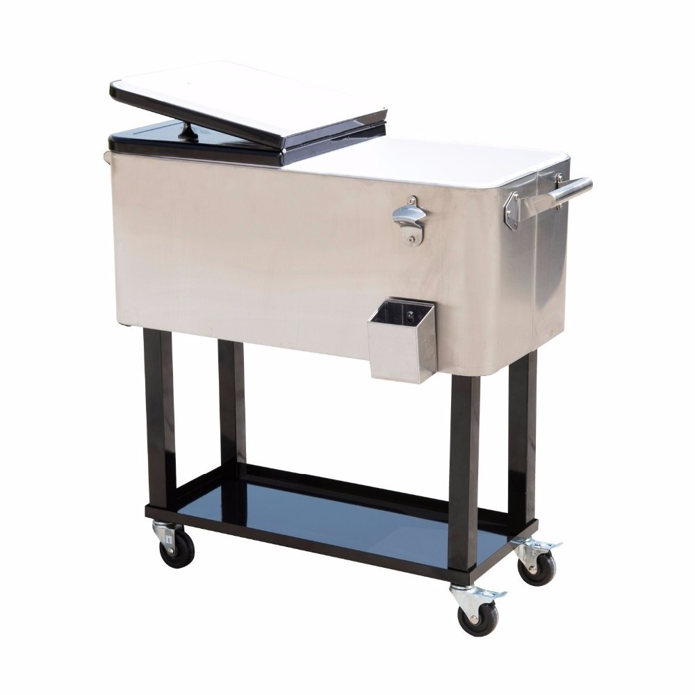 80 Qt Outdoor Patio Cooler Table with Wheels, Stainless Steel Rolling Cooler With Shelf